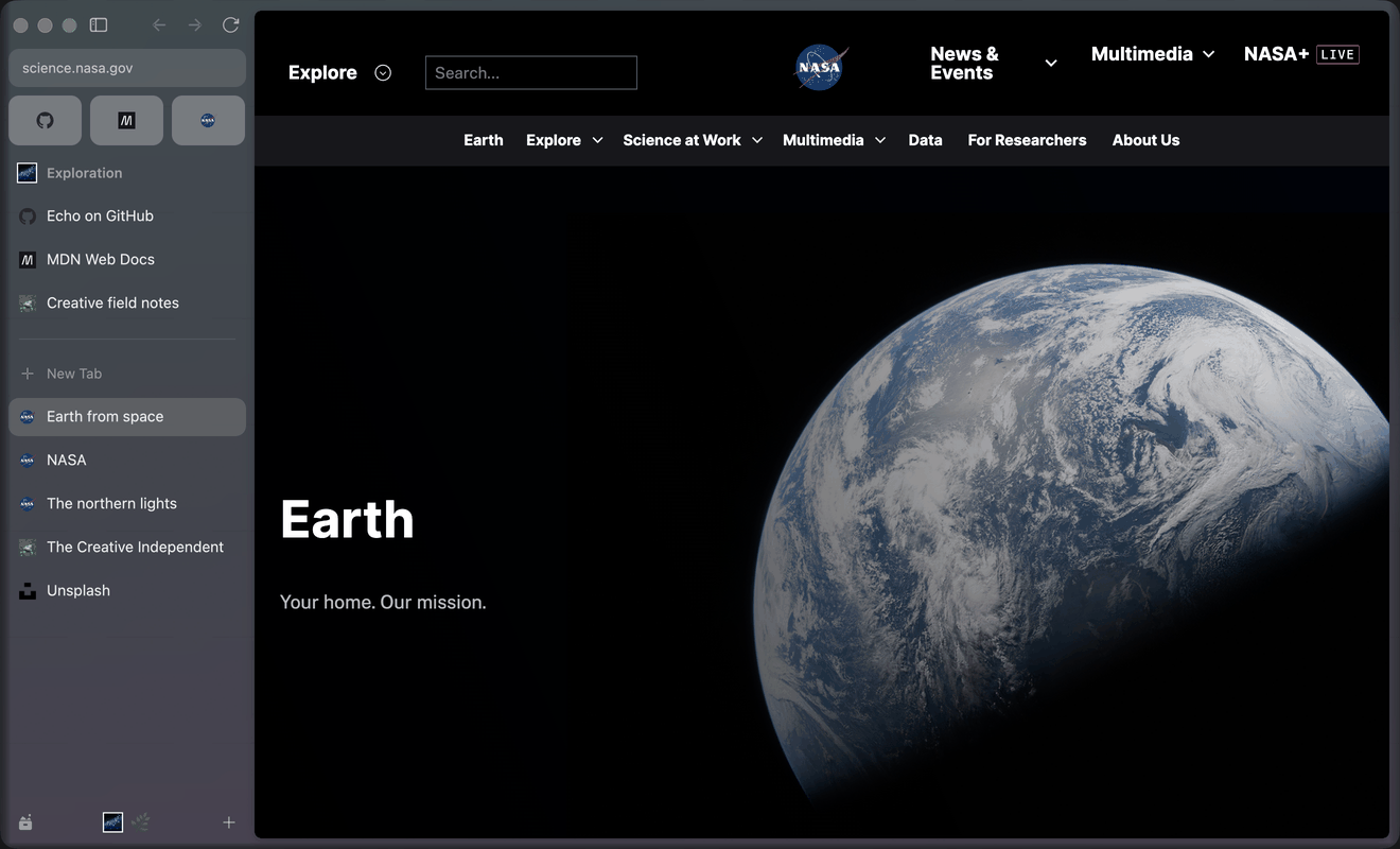 A real Echo window in dark mode, with a slate and violet Space, Favorites, Pinned and Today tabs, and NASA’s Earth page open.